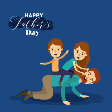 Dark Blue Background With Dad Playing With Daugther And Son On The Fathers Day Vector Illustration