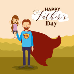 colorful card with dad super hero and daugther on the fathers day vector illustration