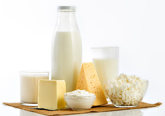 Dairy products over white background.