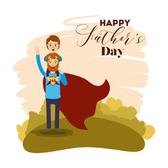 colorful card with dad super hero and son in shoulders on the fathers day vector illustration