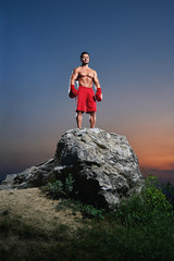 Obraz premium Young muscular male fighter wearing boxing gloves standing in a stance on a rock outdoors on sunset copyspace people lifestyle sports athletics sportsman fitness muscles combat martial fighting.