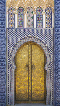 Africa, Morocco, Fes. Detail of the King's Palace ornate doors.