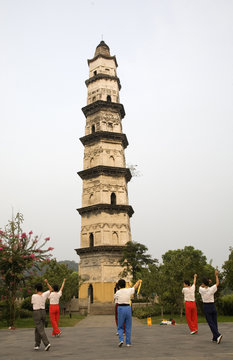 Exercising in front of Great Mercy Pagoda Shaoxing, Zhejiang Province, China