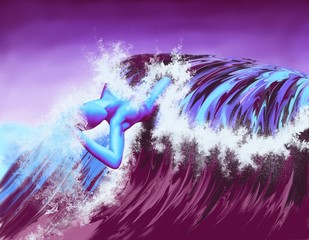 Un buste de femme bleu émerge d'une vague déferlante - obrazy, fototapety, plakaty