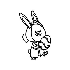 easter girl rabbit holding egg celebration line vector illustration