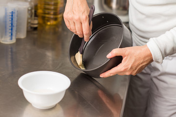cook preparing mold for cooking