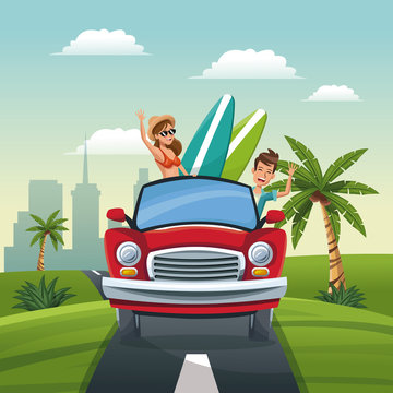 Couple Car Travel Vacation Road Landscape City Background Vector Illustration