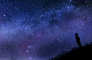 Lonely man watching the stars. Silhouette against the sky.