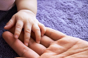 Hand baby in the hand of mother closeup. concept love of family.