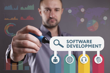Business, Technology, Internet and network concept. Young businessman working on a virtual screen of the future and sees the inscription: Software development