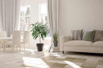 White room with sofa and winter landscape in window. Scandinavian interior design. 3D illustration