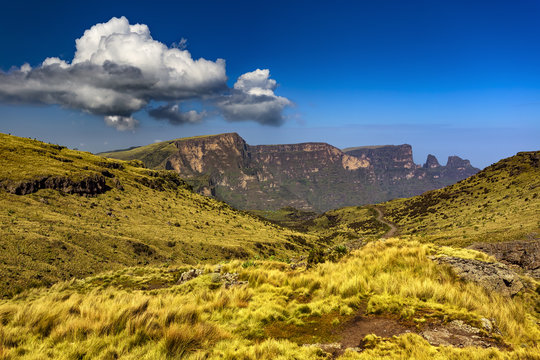 Ethiopia. Simien Mountains National Park. There are Shayno, Inatye and Imet Gogo peaks in the background