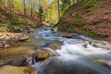 Naklejka na ściany i meble Landscape of river in mountains and small waterfall. View of stone water rapids and spring forest.
