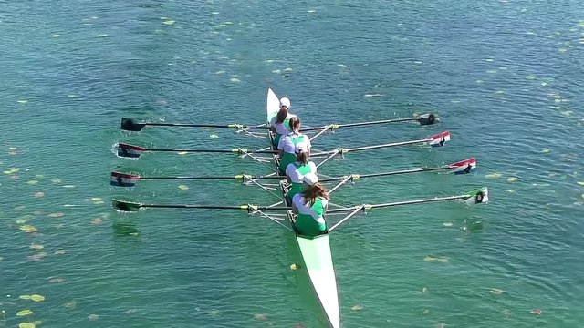 Four women rowing on the tranquil lake, full hd, slow motion video
