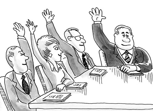 Business cartoon illustration of people in a meeting with their arms raised.