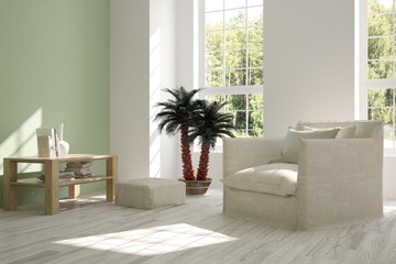 White room with armchair and green landscape in window. Scandinavian interior design. 3D illustration
