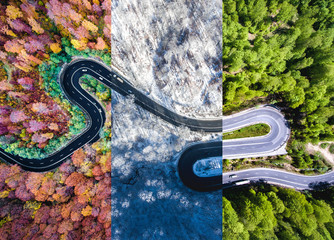 Winding road in the forest. Autumn, summer and winter time colage. Top down aerial view from a drone. - 150617290