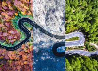  Winding road in the forest. Autumn, summer and winter time colage. Top down aerial view from a drone. © Calin Stan