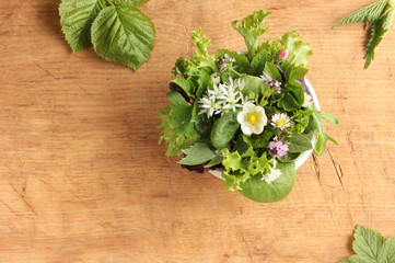 essbare Wildkräuter Wildgemüse Blüten Blätter Holz Tisch Schale Salat Top View