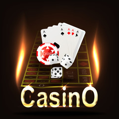 Casino Banner. Cards dice and chips on a dark background.