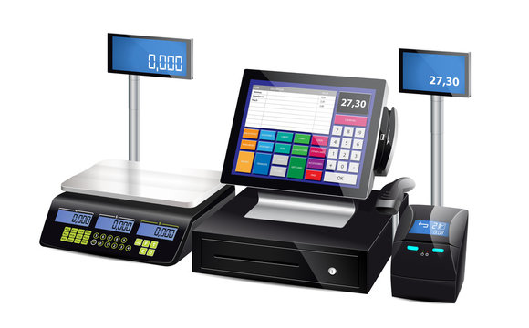 Shop cash register, printer and scales - retail equipment 