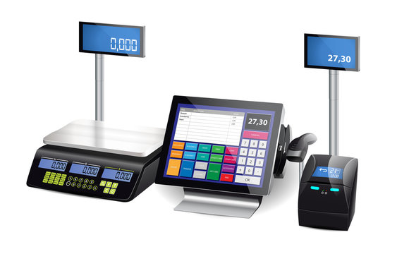 Shop cash register, printer and scales - retail equipment 
