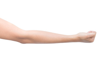 right side hand a woman show the zero number, hammer, raise number, count number, right hand Pretending to punch, isolated over white background