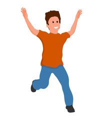 Fototapeta na wymiar Merry laughing jumping young guy. Flat style joyful boy on a white background. Vector illustration