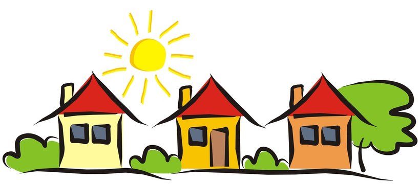 Group of houses. Landscape with houses and bushes and trees. Sun on the sky. Vector illustration.