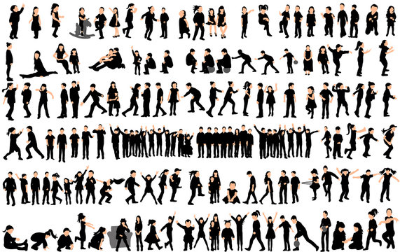 Vector, silhouette of children, big collection, children play and dance