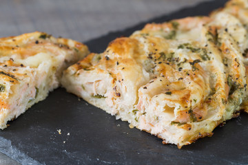 Salmon plait slice.