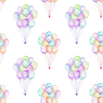 Seamless pattern with watercolor bundle of balloons, hand drawn isolated on a white background