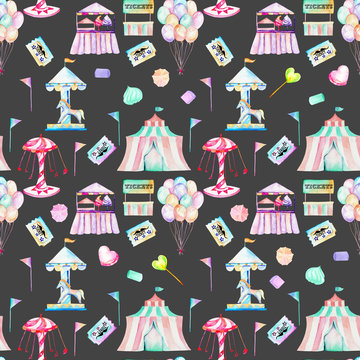 Seamless pattern with watercolor elements of amusement park and candies, hand drawn isolated on a dark background