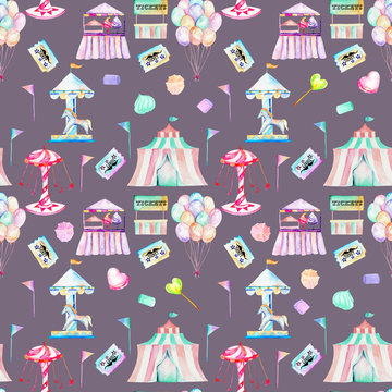 Seamless pattern with watercolor elements of amusement park and candies, hand drawn isolated on a purple background