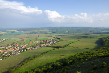 View of the village of Pavlov and the vineyards and fields in the area of Palava - South Moravia under a blue sky with clouds