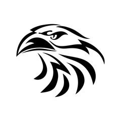 Black graphic drawing of an eagle head on a white background. Abstract bird with a beak. Vector illustration