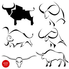 Set of black images of wild bulls. Abstract stylized buffalo on a white background. Vector illustration