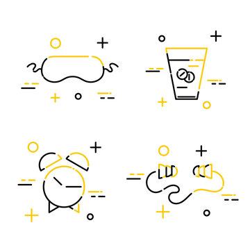 Set of art line of sleep icons. Sleeping pads, earplugs, alarm clock, mask for sleeping. Vector illustration