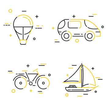Set of color creative flat linear travel icons. Vector illustration
