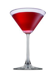 fresh fruit alcohol cocktail or mocktail in martini glass with red beverage isolated on white background