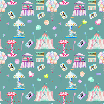 Seamless pattern with watercolor elements of amusement park and candies, hand drawn isolated on a dark blue background