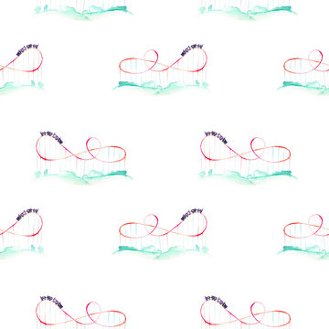 Seamless pattern with watercolor roller coaster from the amusement park, hand drawn isolated on a white background