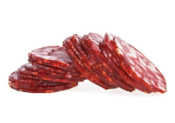 Salami sausage slices isolated on a white background