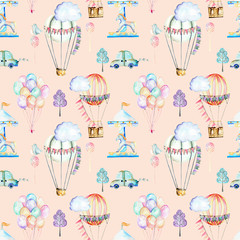 Seamless pattern on weekend theme; watercolor air balloons, aerostats, carousel and cars, hand drawn isolated on a pink background