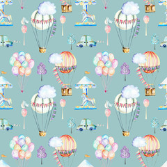 Seamless pattern on weekend theme; watercolor air balloons, aerostats, carousel and cars, hand drawn isolated on a blue background