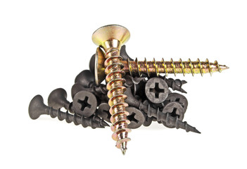 Gold screws in a pile of black screws isolated on white background