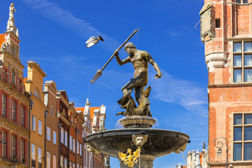 Fountain of the Neptune in old town of Gdansk, Poland