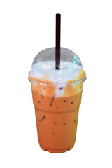 ice of tea milk in takeaway cup on white background