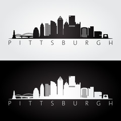 Pittsburgh USA skyline and landmarks silhouette, black and white design. - obrazy, fototapety, plakaty