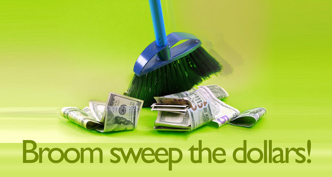 Broom Sweep The Dollars On Green Background